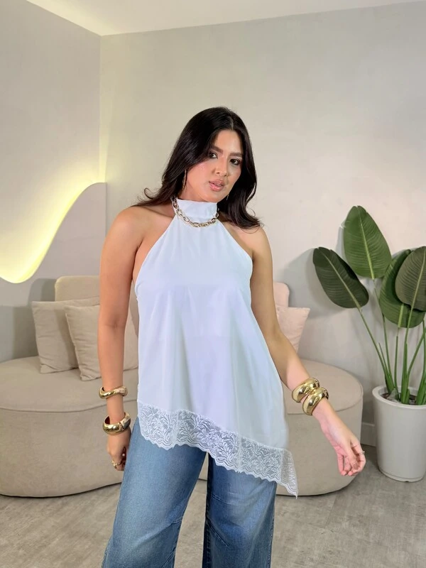 Blusinha Assimétrica Com Amarração No Pescoço Com Renda Bia