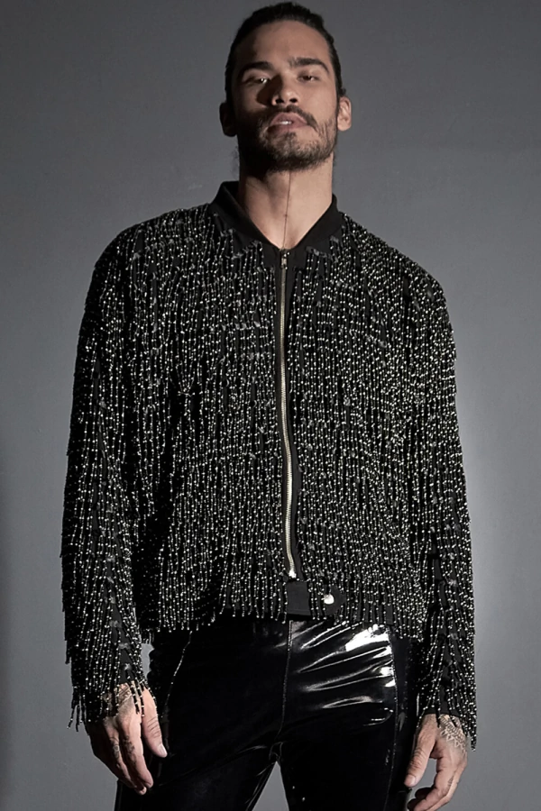 Jaqueta de Franjas em Missangas Bordada Manualmente