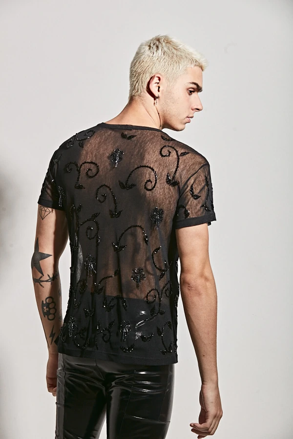 Camiseta em Tule de Algodão Bordada