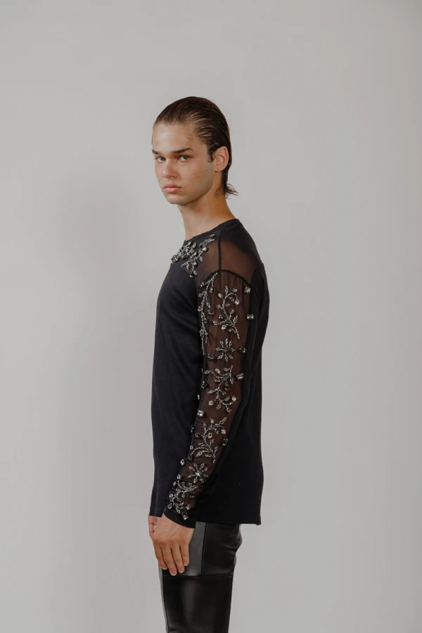 Camiseta Manga Longa em Ribana com Tule