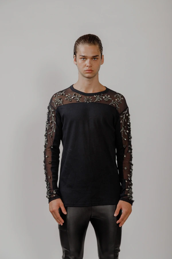 Camiseta Manga Longa em Ribana com Tule