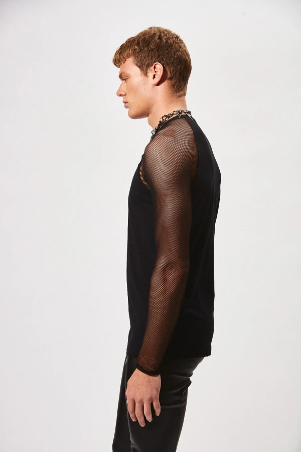 Camiseta Raglan com Mangas em Tule Maquinetado