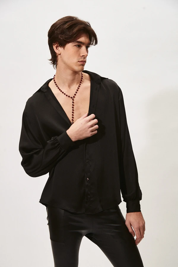 Camisa Ampla com Mangas Bufantes em Cetim