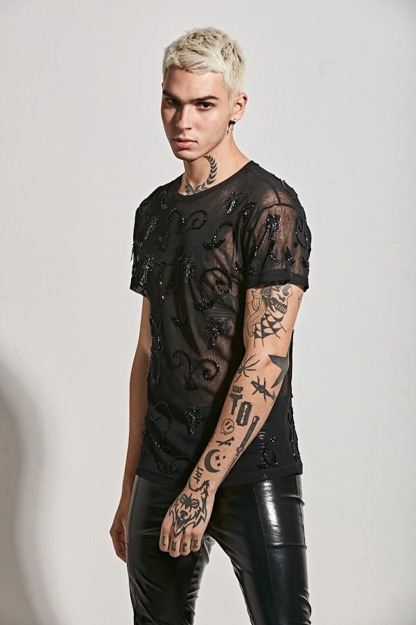 Camiseta em Tule de Algodão Bordada