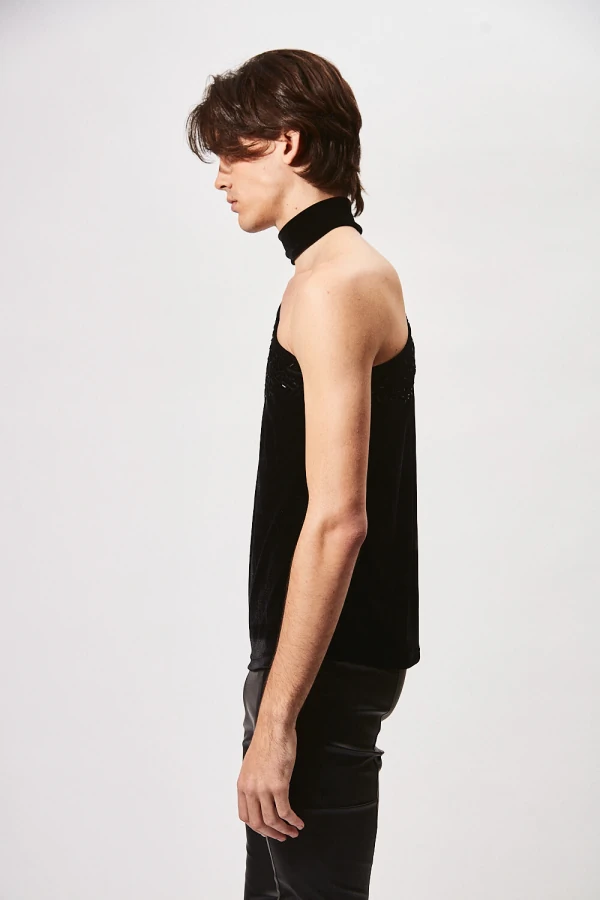 Camiseta Ombro Só em Veludo com Bordado em Vidrilhos