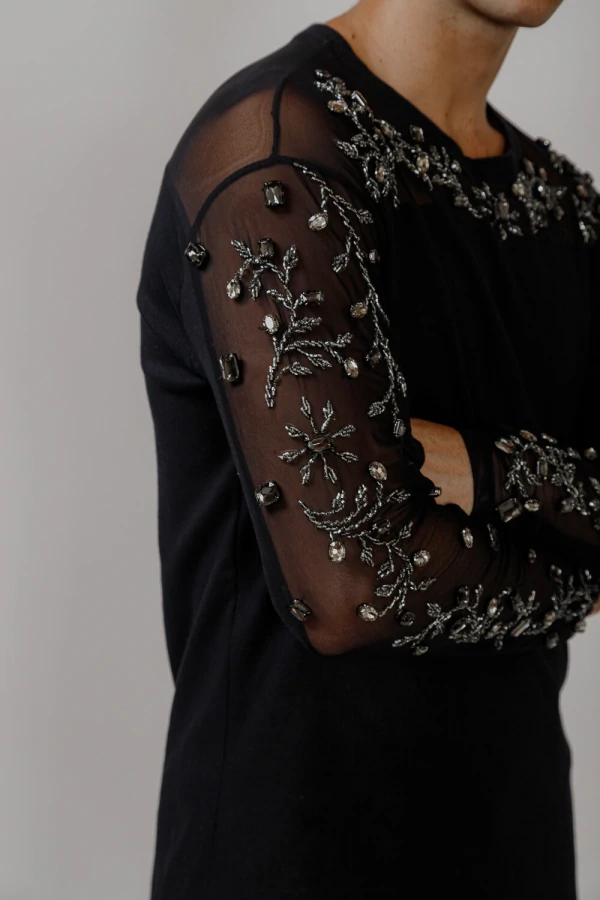 Camiseta Manga Longa em Ribana com Tule