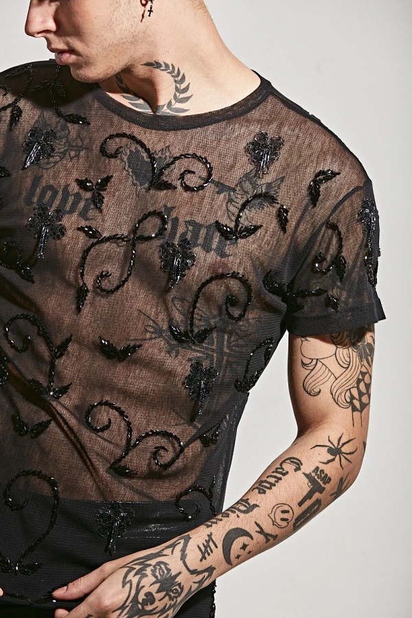 Camiseta em Tule de Algodão Bordada