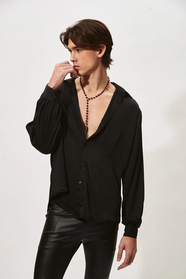 Camisa Ampla com Mangas Bufantes em Cetim