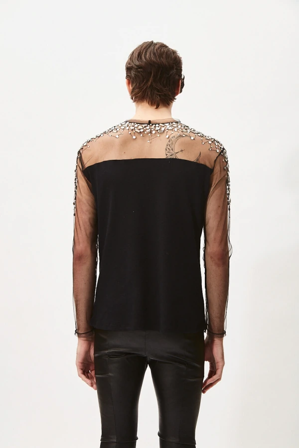 Camiseta em Pala de Tule Bordada com Cristais