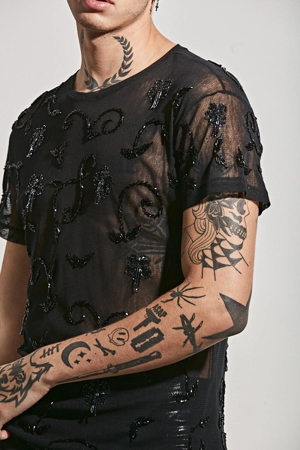 Camiseta em Tule de Algodão Bordada