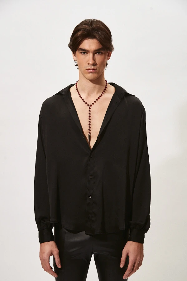 Camisa Ampla com Mangas Bufantes em Cetim