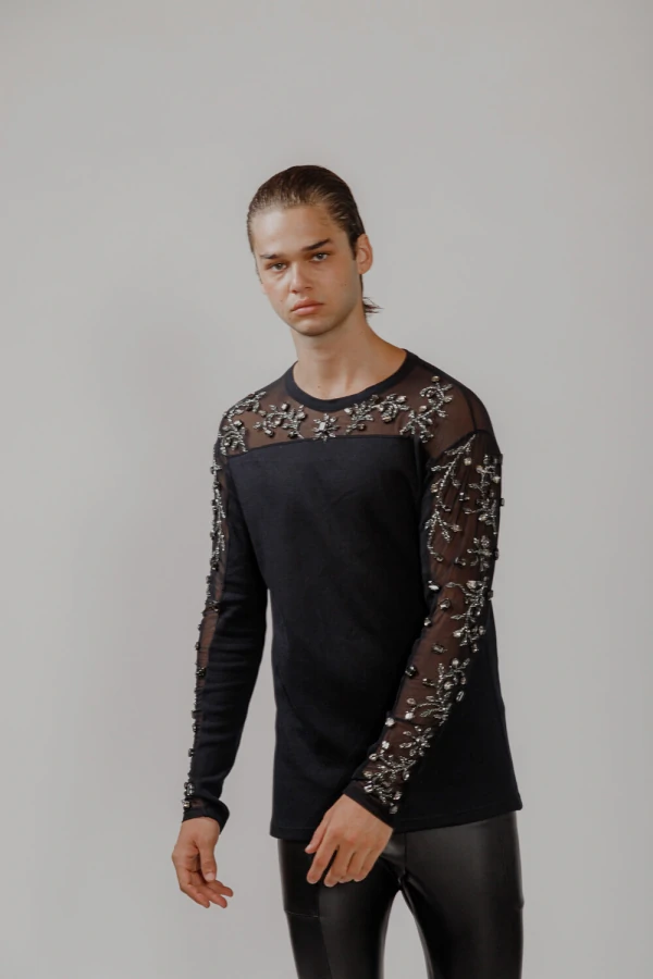 Camiseta Manga Longa em Ribana com Tule