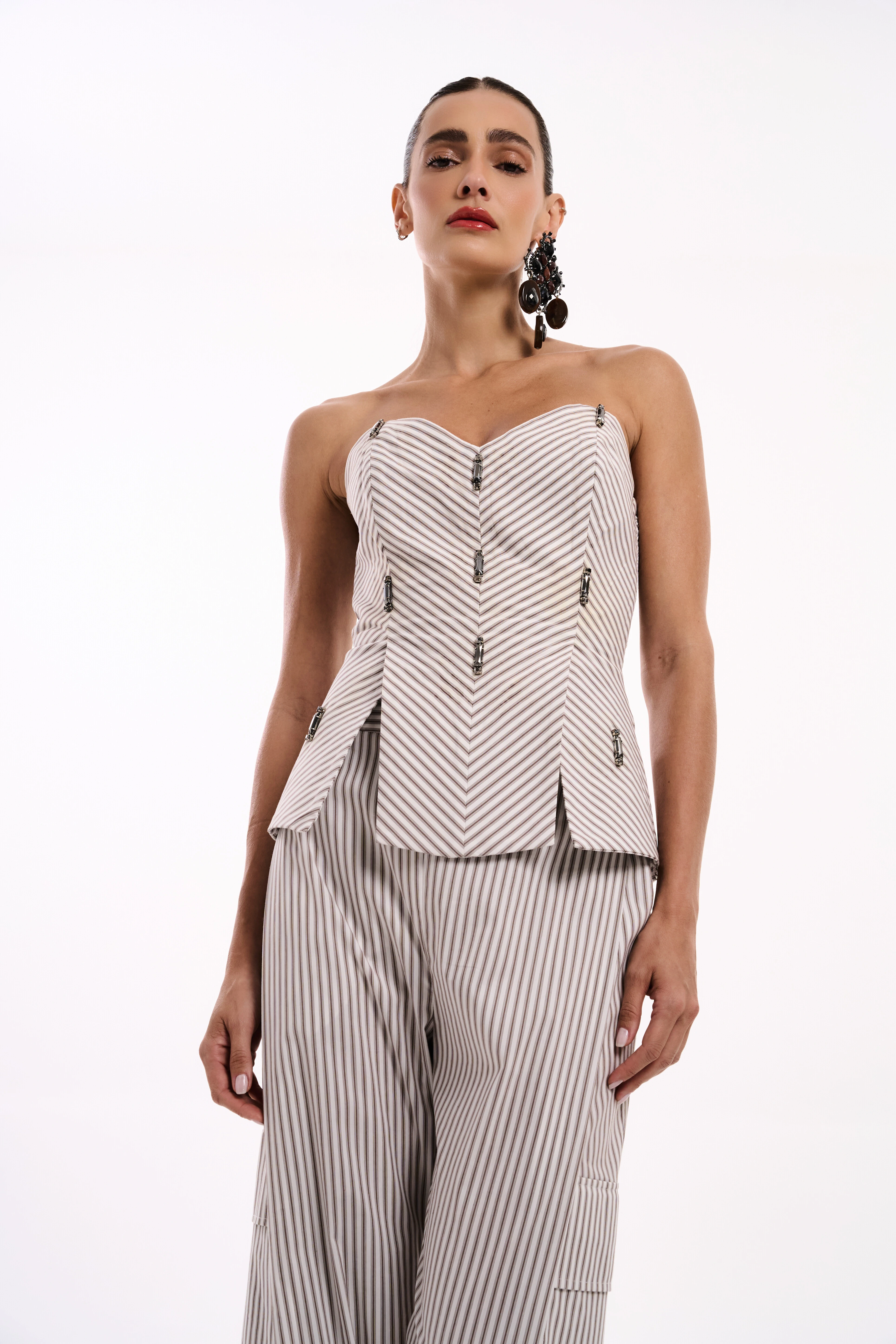 Foto Top Corselet TQC Algodão Listrado com Aplicação