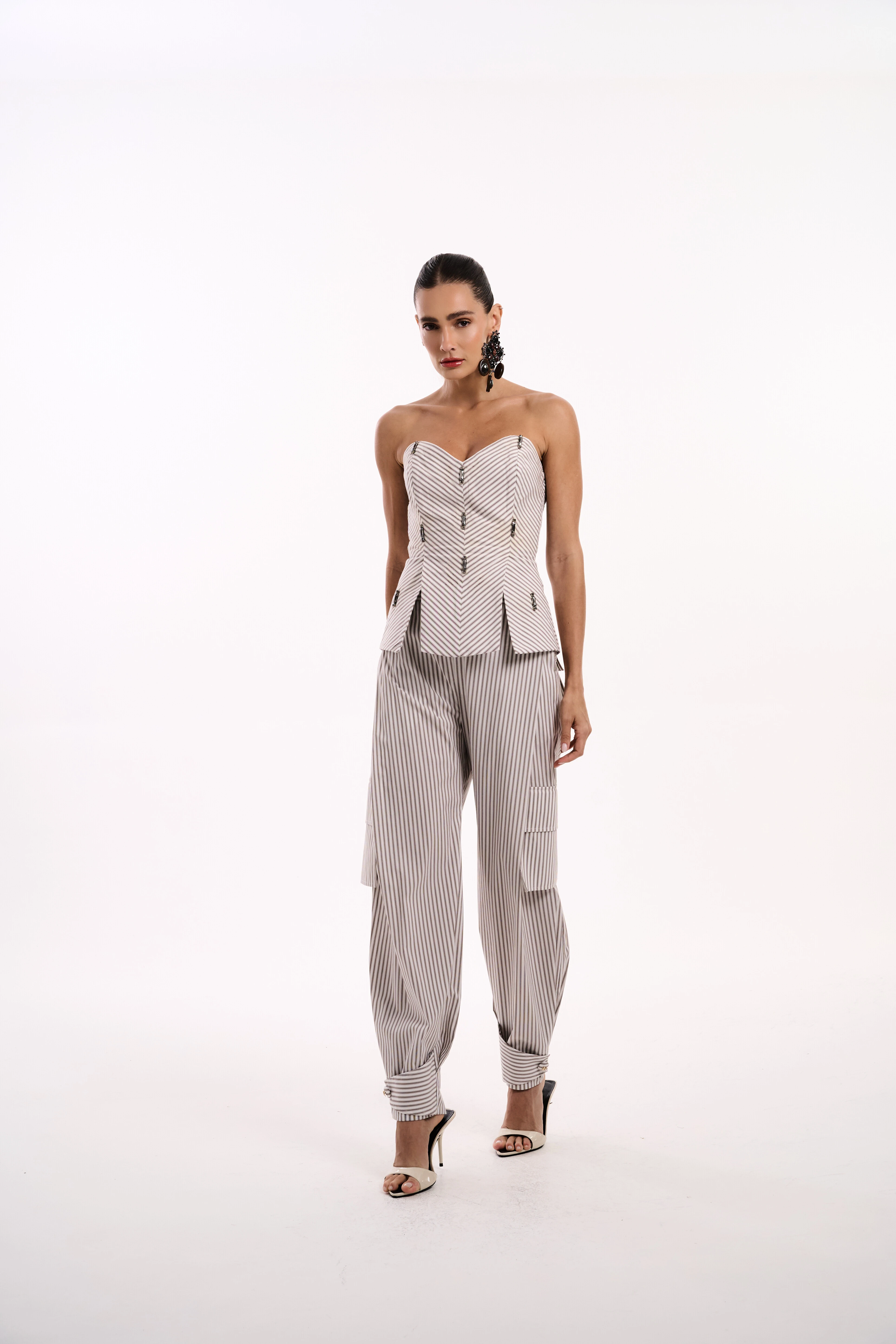 Foto Calça Slouchy Prega Frente Algodão Listrado