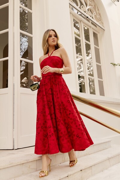 Foto Vestido Midi Laise Corset e Alça Gola em Rolotê