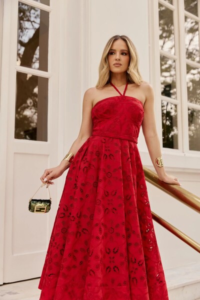 FotoVestido Midi Laise Corset e Alça Gola em Rolotê