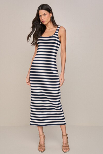 Foto Vestido Long Midi Detalhe Renda Listrado
