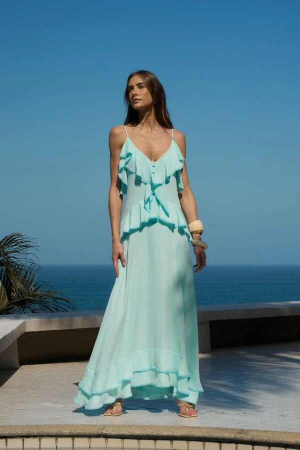 Vestido Fluído de Babados com Detalhe em Renda
