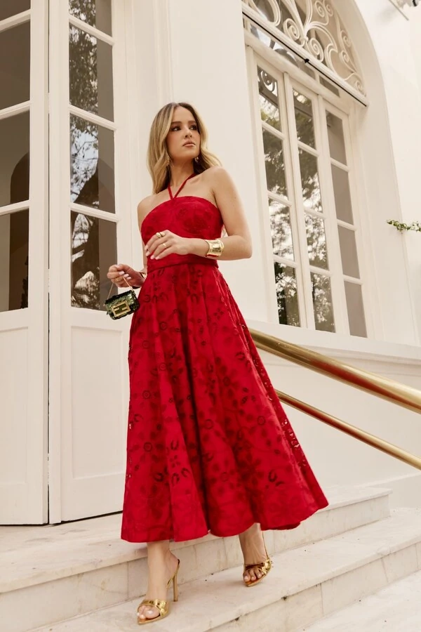 Vestido Midi Laise Corset e Alça Gola em Rolotê