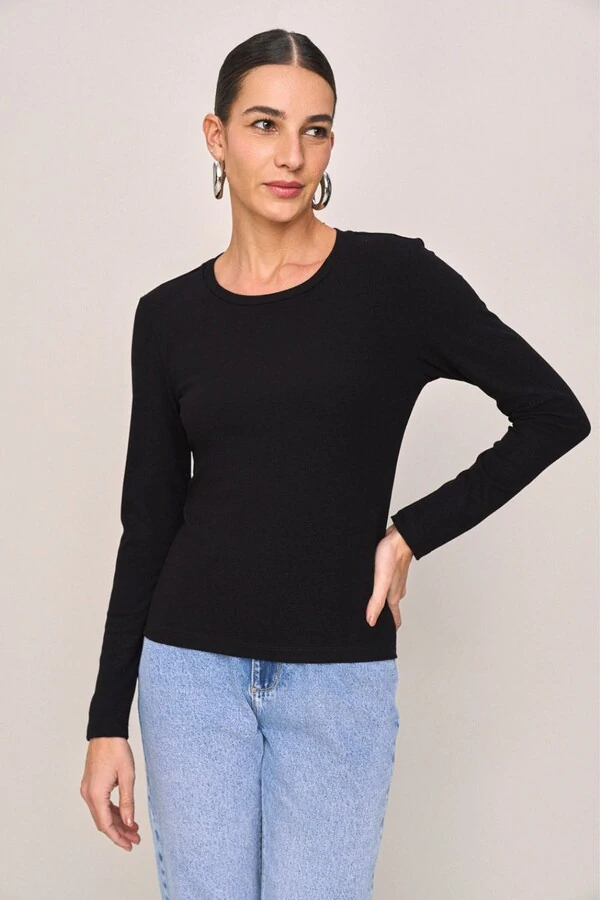 Blusa Manga Longa Decote Careca