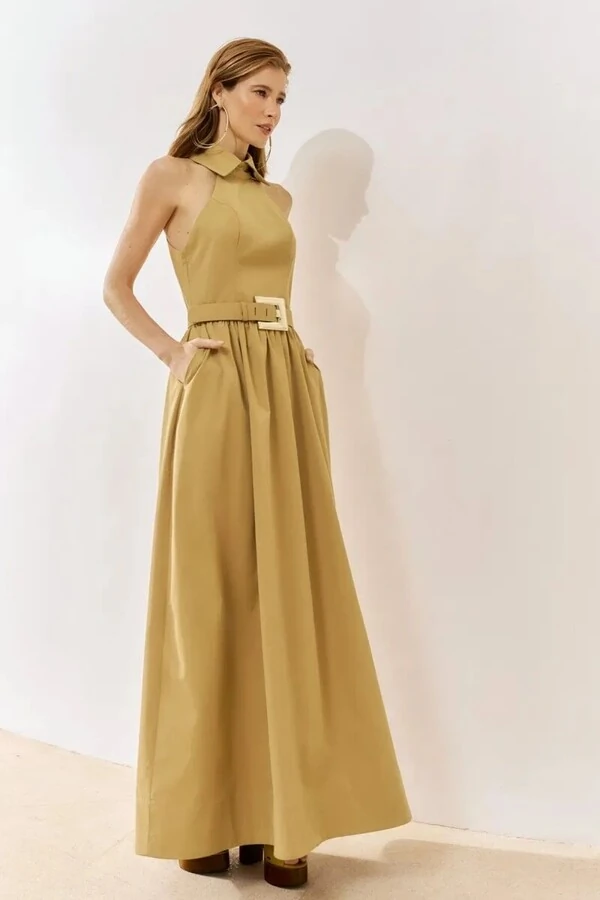 Vestido Longo Gola Camisa e Cinto