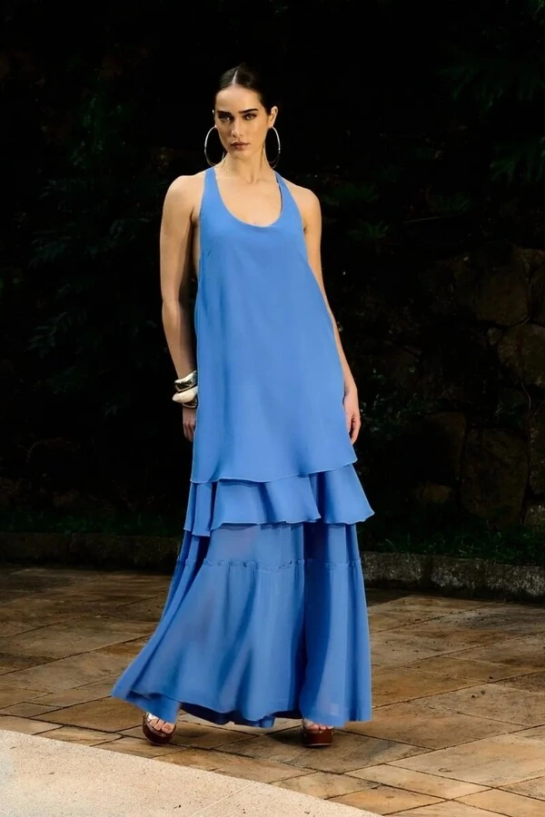 Vestido Longo Fluído Babados Sobreposto