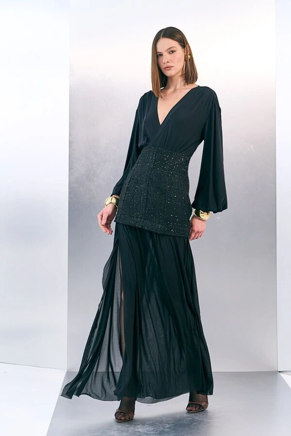 Vestido Longo Tweed Saia Tule