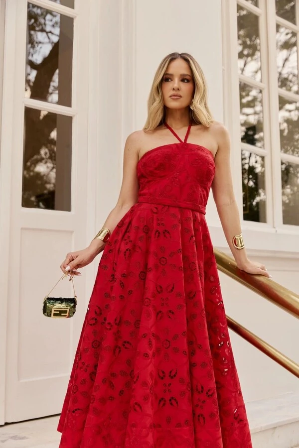 Vestido Midi Laise Corset e Alça Gola em Rolotê