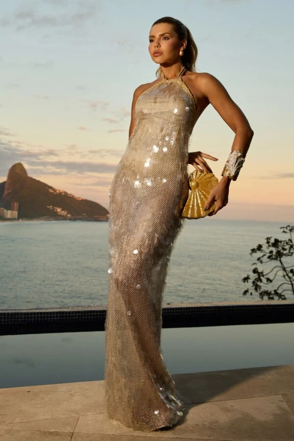 Vestido Paetê Longo Com Cordão Trança