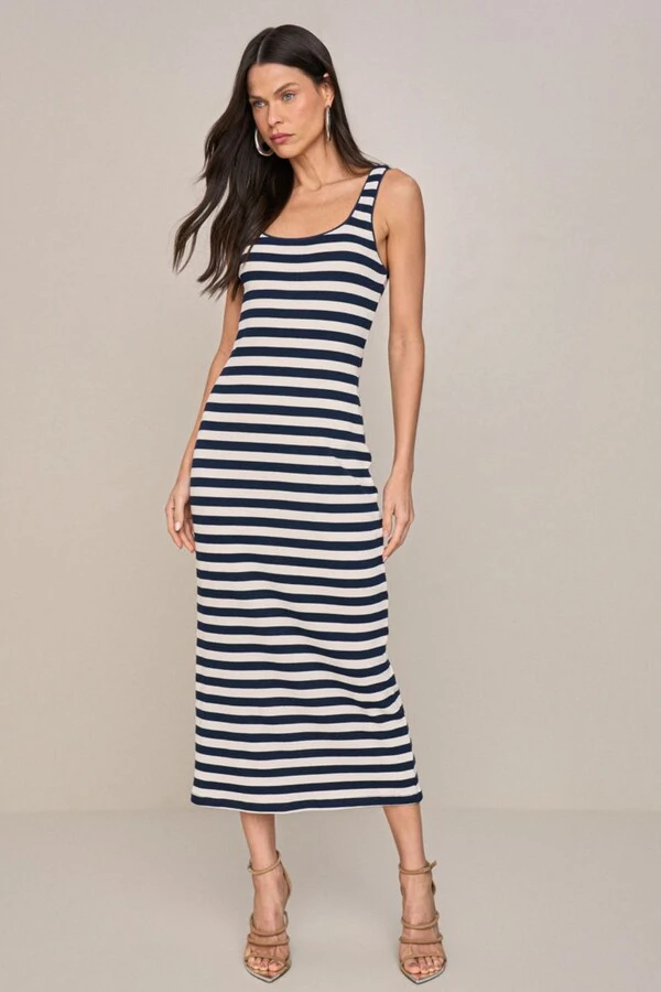 Vestido Long Midi Detalhe Renda Listrado