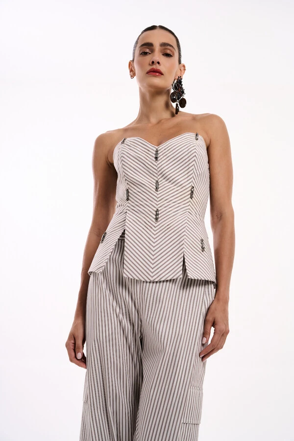 Top Corselet TQC Algodão Listrado com Aplicação