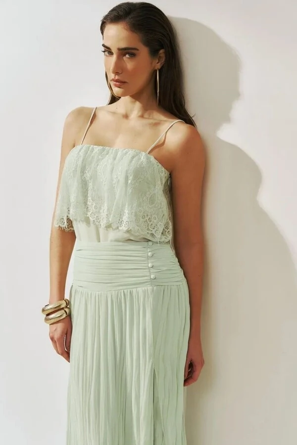 Conjunto Blusa Alça Renda e Saia Tarquinada Pala
