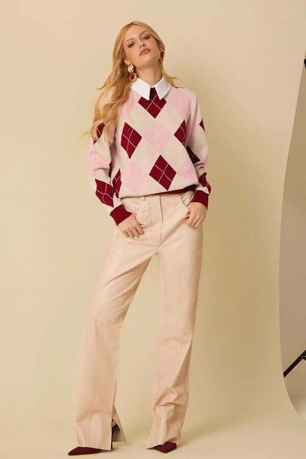 Blusa Tricot Quadriculado com Gola