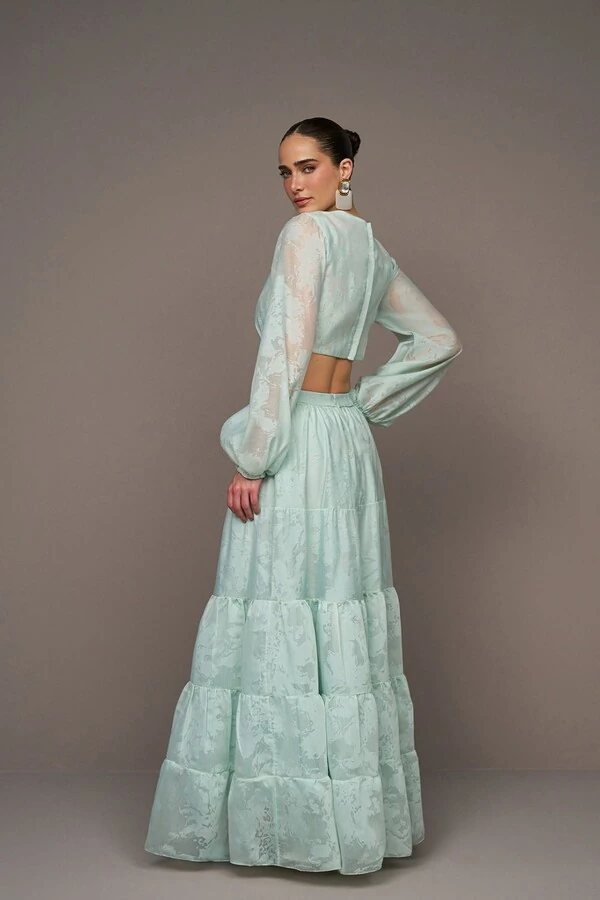 Vestido Longo em Organza Devore com Recortes
