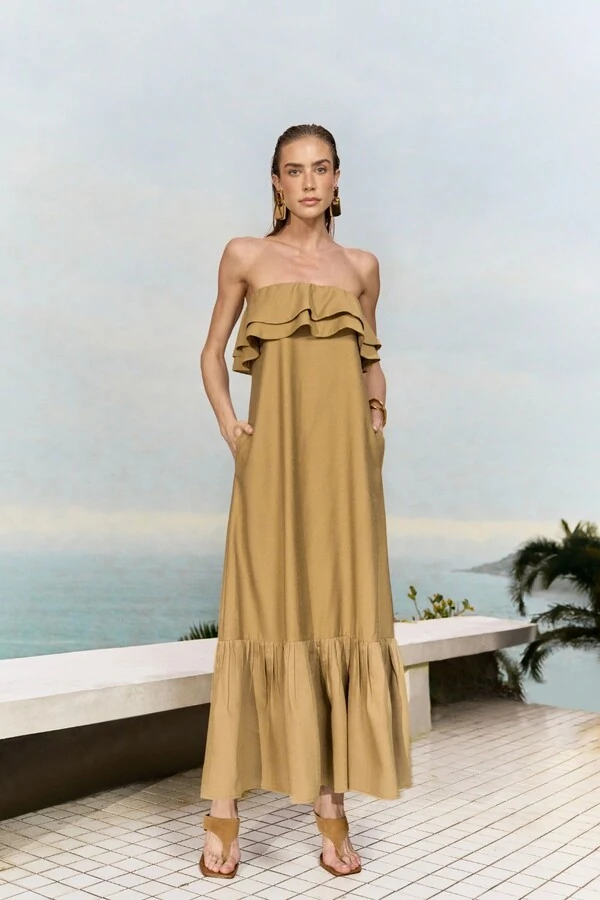 Vestido Longo sem Alças com Babado do Busto