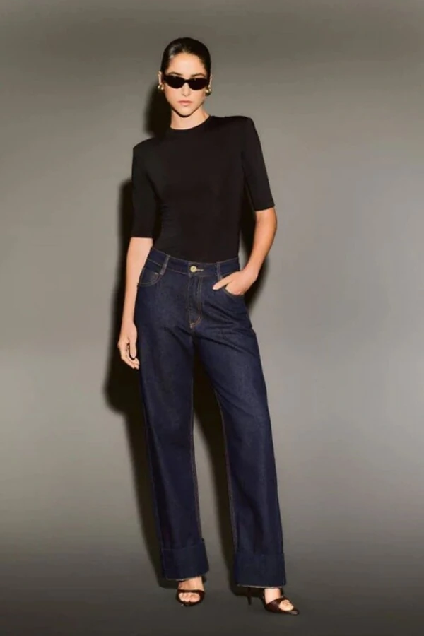 Calça Jeans Bolso Couro