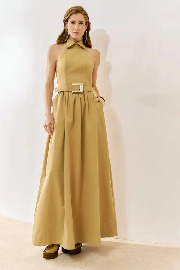 Vestido Longo Gola Camisa e Cinto