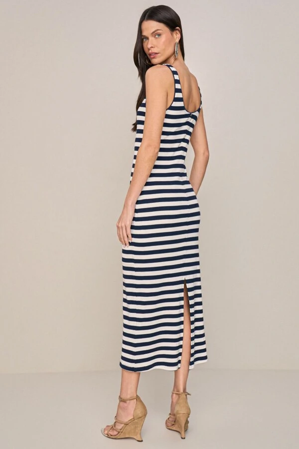 Vestido Long Midi Detalhe Renda Listrado