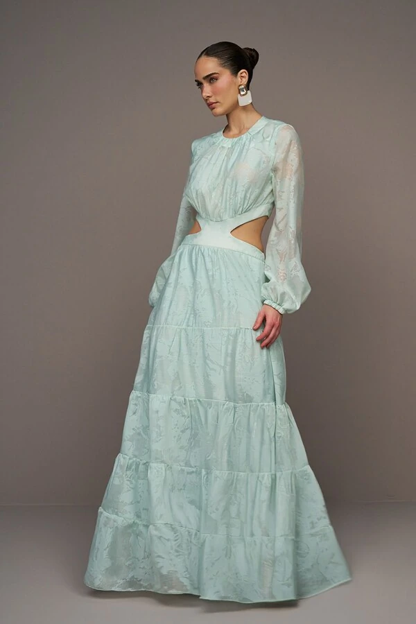 Vestido Longo em Organza Devore com Recortes