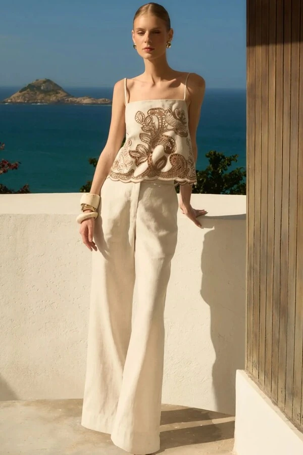 Conjunto Blusa Bordado Richelieu e Calças