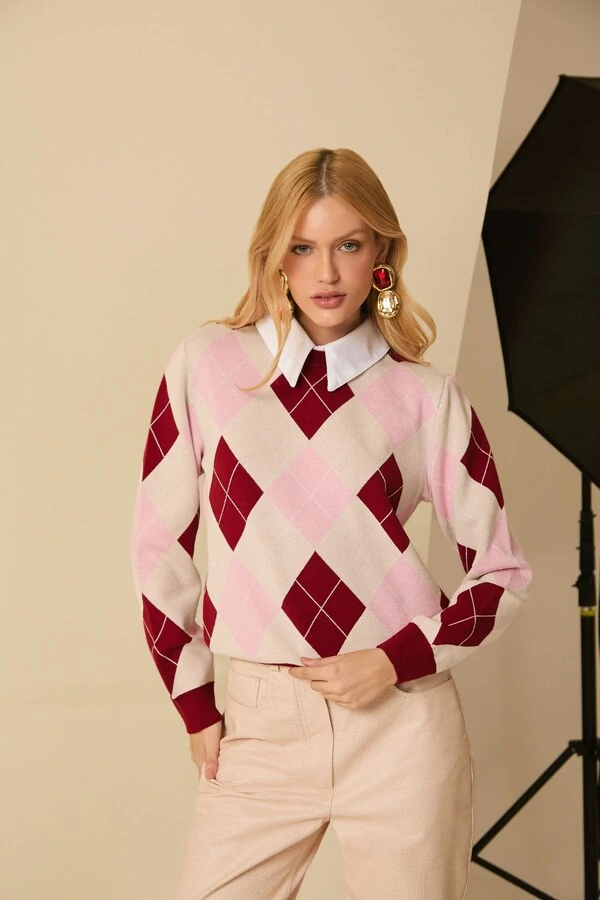 Blusa Tricot Quadriculado com Gola