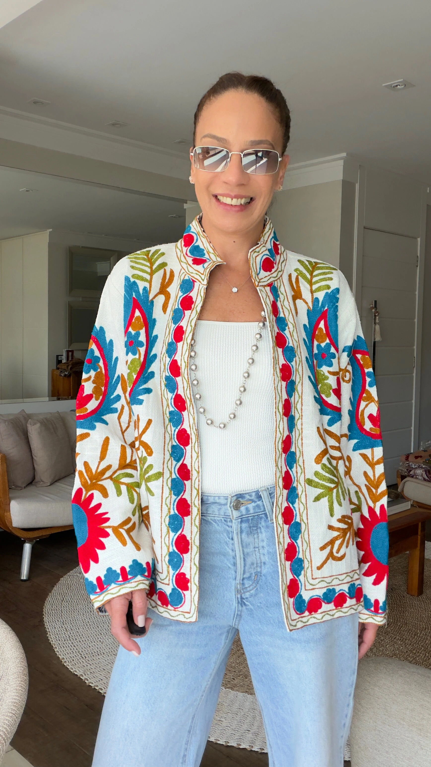 Foto Casaco Bordado Gotas Linho Off-White