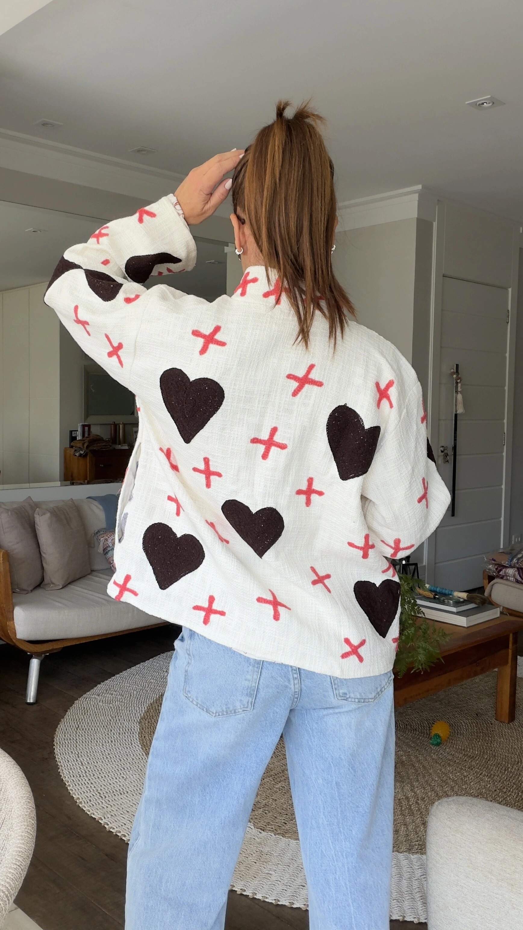 Foto Casaco Bordado Chocolate Linho Off-White