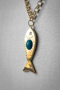 Colar Elo Português Peixe Pedra Azul | Banho de Ouro 18k | Verão
