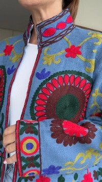 Casaco Bordado Linho Azul Mandalas Tati Veste