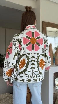 Casaco Bordado Margarida Veludo Off-White