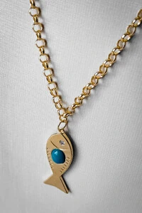 Colar Elo Português Peixe Pedra Azul | Banho de Ouro 18k | Verão