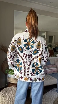 Casaco Bordado Estrela Floral Linho Off-White
