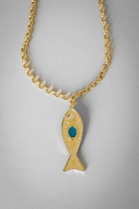 Colar Elo Português Peixe Pedra Azul | Banho de Ouro 18k | Verão