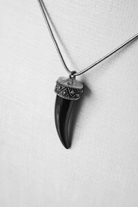 Colar Dente Preto Entalhado | Banho Ródio | Autêntico